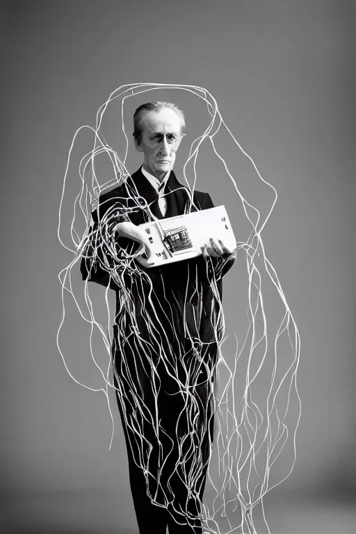 Image similar to a minimalist portrait of Marcel Duchamp holding computer cables in the style of Annie Leibovitz, Irving Penn, Hito Steyerl, Shinya Tsukamoto, Saâdane Afif, Alfredo Jaar line drawing and 35mm film, wide angle, monochrome, futuristic tetsuo