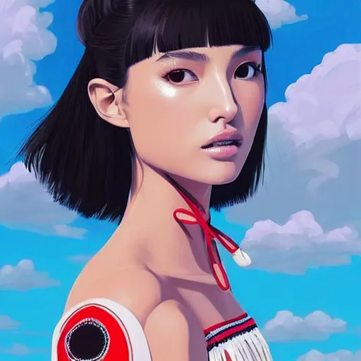 Image similar to a beautiful young japanese natalie portman alluring gravure model, stylized concept art, wearing elegant designer bomber jacket and one piece bikini, bomber jacket with mesoamerican patterns, mesoamerican native street fashion, princess mononoke, painted by ilya kuvshinov aesthetic, gorgeous, stunning, alluring, attractive, artstation, pinterest, digital art