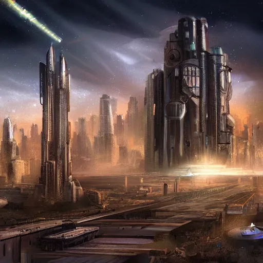 Image similar to sci - fi city with one large watchtower in the center shining a searchlight, dystopian, wide shot, digital art, detailed