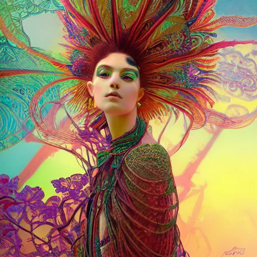 Prompt: A reality bending psychedelic ayahuasca experience, colorful, distorted, surreal, tropical bird feathers, dramatic lighting on the face, intricate lace, elegant fabric, highly detailed jewelry, digital painting, concept art, smooth, sharp focus, illustration, art by Krenz Cushart and Wayne Barlowe and alphonse mucha