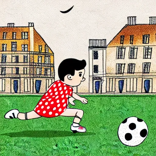 Image similar to illustration of french boy in paris playing football against a corgi, the corgi is wearing a polka dot scarf