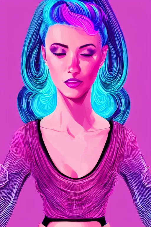 Image similar to a award winning half body portrait of a beautiful woman in a croptop and cargo pants with ombre purple pink teal hairstyle surrounded by whirling illuminated lines, outrun, vaporware, shaded flat illustration, digital art, trending on artstation, highly detailed, fine detail, intricate