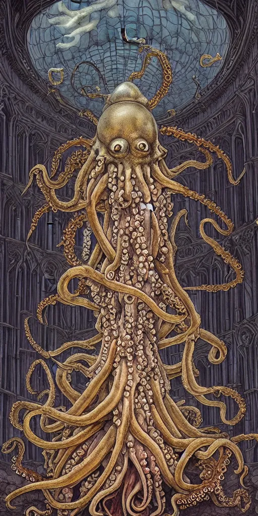 Image similar to group of mankind mages with octopus heads with jellyfish inside an ancient mage castle hall colossal scale, gothic and baroque, brutalist architecture, ultradetailed, Intricate by James Jean and Josan Gonzalez and John Howe and Giuseppe Arcimboldo