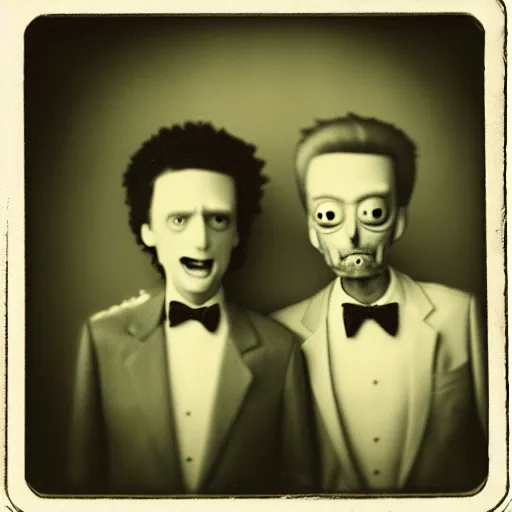 Prompt: tintype photo of “ rick and morty ”