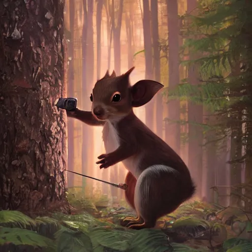 Prompt: dark scene of a tiny squirrel warrior holding blasters, surrounded by glowing eyes in the forest, realistic shaded lighting poster by ilya kuvshinov katsuhiro otomo, magali villeneuve, artgerm, jeremy lipkin and michael garmash and rob rey