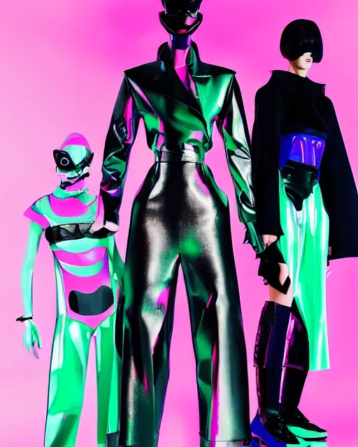 Prompt: an award winning fashion photograph for Balenciaga's cyberpunk Bladerunner 2049 fall line by Artgerm, dazzle camouflage!, dayglo pink, dayglo blue, raven black