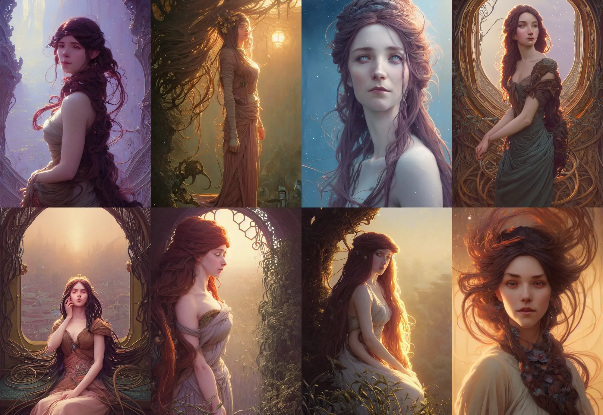 Image similar to highly detailed portrait of a woman with long hairs, stephen bliss, unreal engine, fantasy art by greg rutkowski, art nouveau, loish, rhads, ferdinand knab, makoto shinkai and lois van baarle, ilya kuvshinov, rossdraws, tom bagshaw, alphonse mucha, global illumination, radiant light, detailed and intricate environment