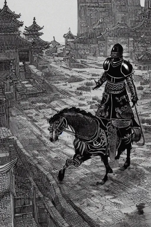 Image similar to A very detailed Chinese knight walking alone with his black horse, very detailed grand Chinese martial arts cityscape, desolate, black & white, silhouette by janus, Brian Bolland, book cover