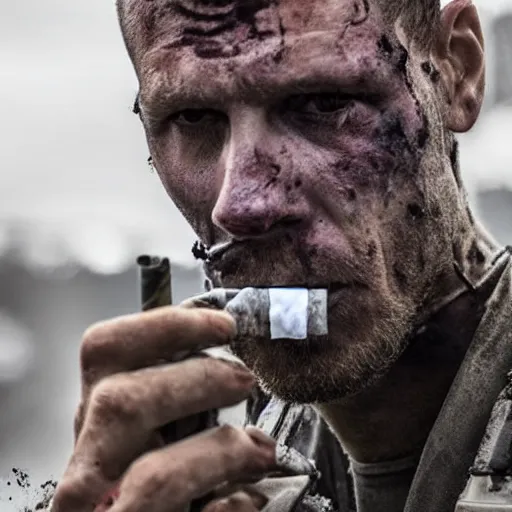 Image similar to Dying modern mercenary wearing grey body armor smoking a cigarette in the aftermath of a bloody battle, photo by Adam Ferguson in 2022, Pulitzer Winning, cinematic composition, breathtaking, modern, 2022