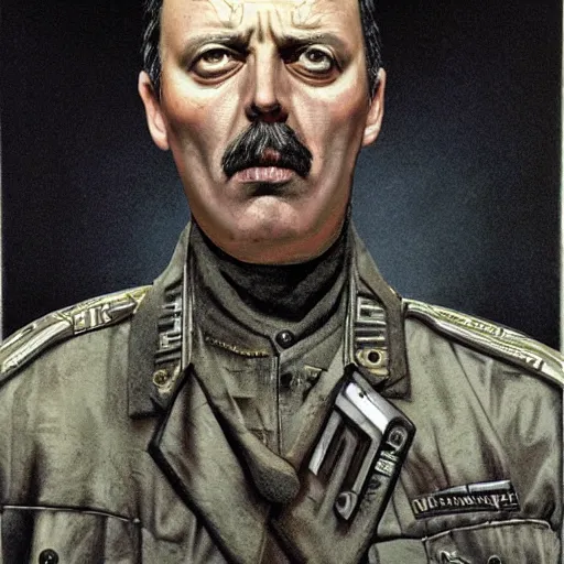 Image similar to Portrait of Igor Ivanovich Strelkov while he is calling for war total mobilization, photo-realistic, color image, 2K, highly detailed, bodyhorror by H.R.Giger, tends to have fractal structure