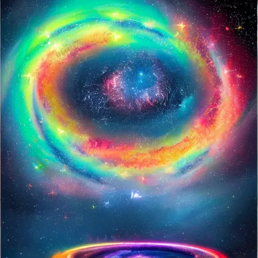 Image similar to highly detailed 8k oil painting of the celestial glowing God of random numbers and infinity quasar, misty, epic composition, neon colors, trending