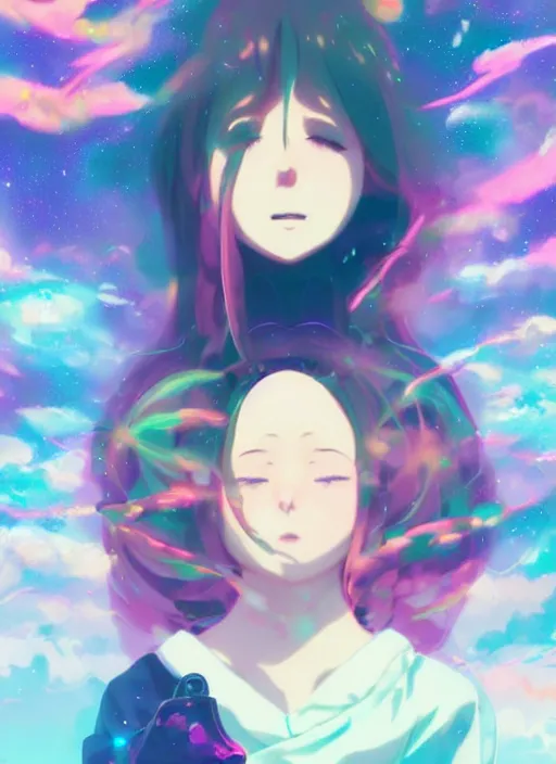 Prompt: portrait of a very cute girl blowing a vape cloud of psychedelic galaxies, illustration concept art anime key visual, very trippy and abstract, trending pixiv fanbox by wlop and greg rutkowski and makoto shinkai and studio ghibli and kyoto animation