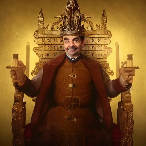 Image similar to A portrait of Mr. Bean depicted as a medieval king on throne, very close-up shot, atmospheric lighting, painted, intricate, volumetric lighting, beautiful, rich deep colours masterpiece, golden hour, sharp focus, ultra detailed, by Leesha Hannigan, Ross Tran, Thierry Doizon, Kai Carpenter, Ignacio Fernández Ríos