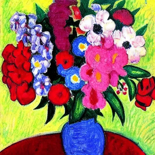 Prompt: a gauguinesque, cerise painting of colorful flowers sitting in a small red vase with blue background by gabriele munter, flickr contest winner, post - impressionism, fauvism, painterly, impressionism