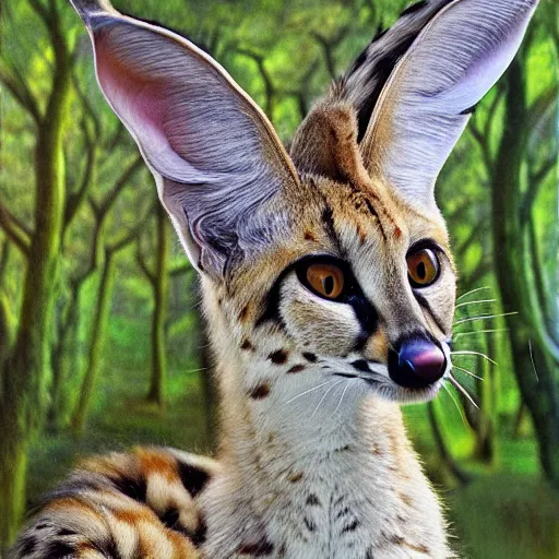 Image similar to photorealistic fantasy digital art of a serval whose torso is extremely long and thin and twisted into a coil, resembling a snake. it is in an oak forest. its tongue is a long forked snake - tongue. realistic high - resolution whimsical image.