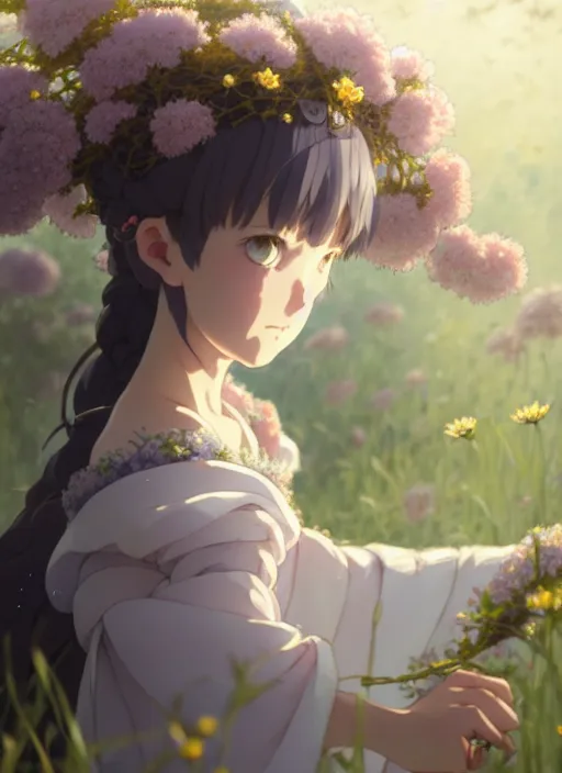 Prompt: a film still portrait of nymph girl with crown of flowers, finely detailed features, perfect art, trending on pixiv fanbox, painted by greg rutkowski makoto shinkai takashi takeuchi studio ghibli, akihiko yoshida,