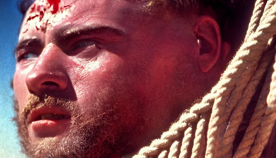 Image similar to 1 9 6 0 s movie still close - up of marcus atilius regulus tied with ropes at pole in direction of the burning sun with blood flowing down his eyes cinestill 8 0 0 t 3 5 mm eastmancolor, high quality, heavy grain, high detail, texture, dramatic light, anamorphic, hyperrealistic, detailed hair