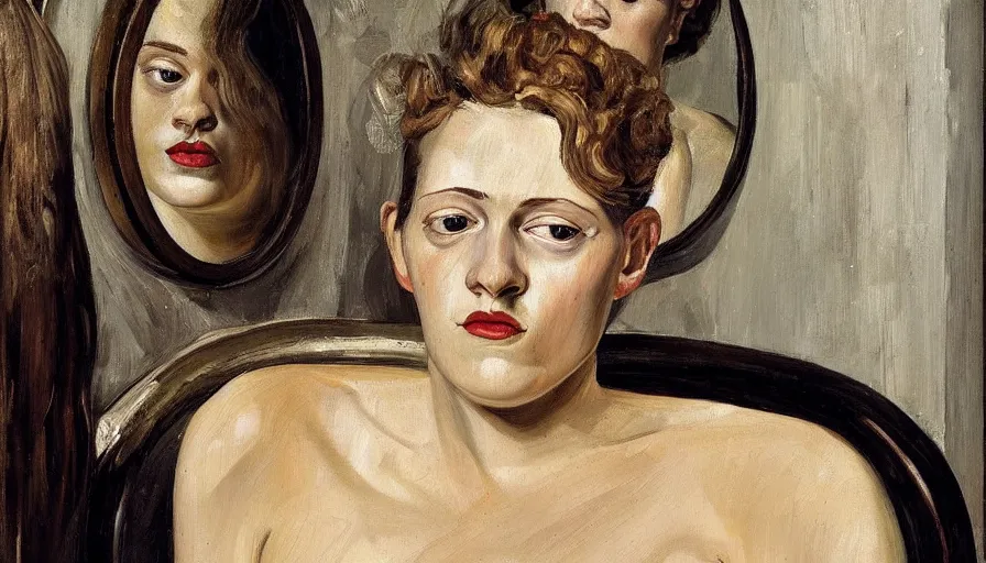 Image similar to painting by lucien freud, young woman in front of the mirror, detailed, stunning