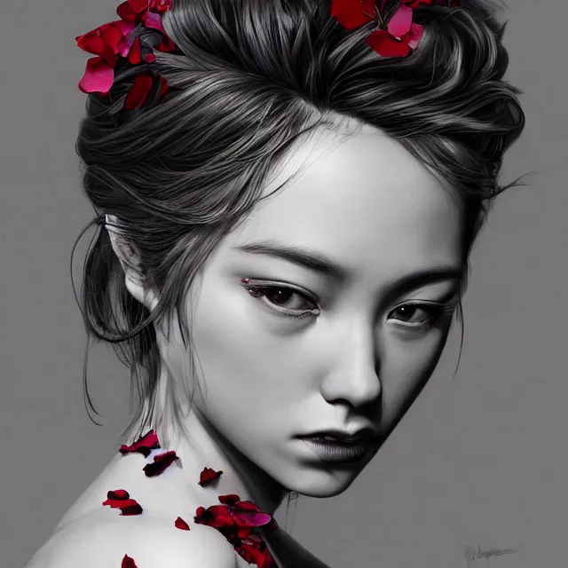 Image similar to studio portrait absurdly beautiful, elegant, graceful, young hypercolorful sensual gravure idol rubies and red petals, ultrafine hyperrealistic detailed face illustration by kim jung gi, irakli nadar, intricate linework, sharp focus, bright colors, matte, octopath traveler, final fantasy, unreal engine highly rendered, global illumination, radiant light, intricate environment