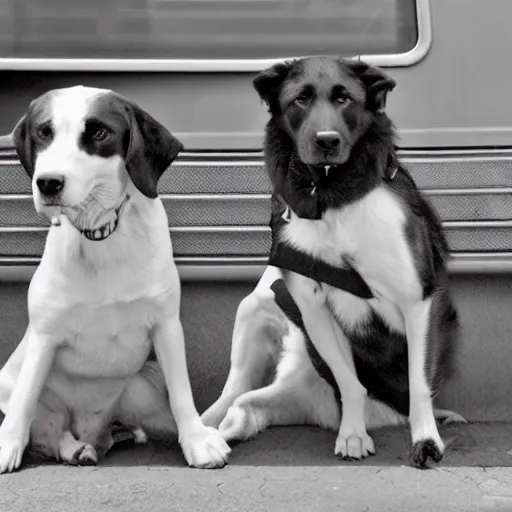 Image similar to a photo of two dogs sitting in front of the bus, hd award winning photograph, high detailed, 2001 style