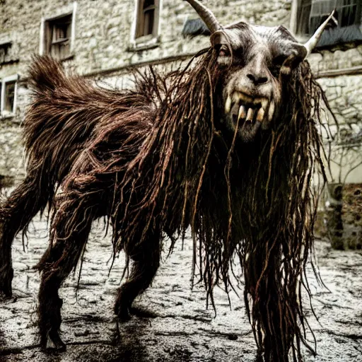 Image similar to horror, moody, still from film, daytime, muddy village square, wide shot, roaring mutant goat monster, powerful and huge, creeping on legs with hands instead of feet, filthy jagged teeth in gaping mouth, matted brown fur, in muddy medieval village square