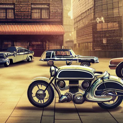 Prompt: parked retro futuristic vintage shiny polished cars and motorcycles at a bar, volumetric lighting, beautiful, day time, summer, sunny weather, sharp focus, highly detailed, cgsociety