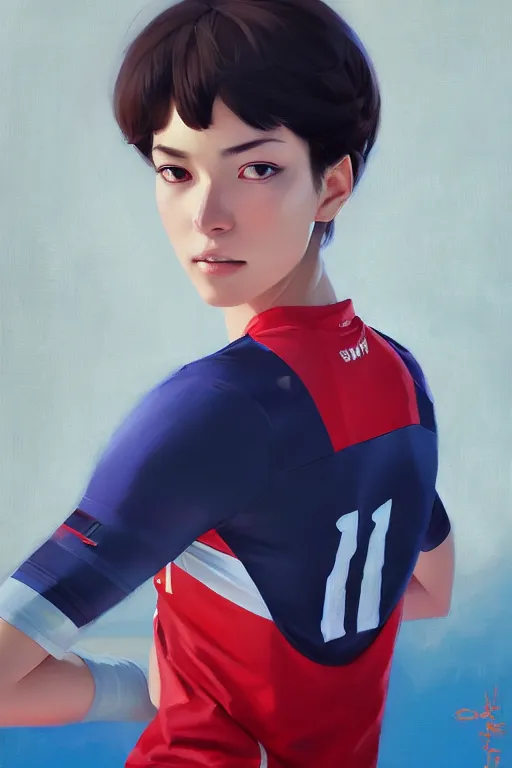 Image similar to A ultradetailed beautiful portrait panting of a stylish woman wearing a volleyball jersey, Oil painting, by Ilya Kuvshinov, Greg Rutkowski and Makoto Shinkai