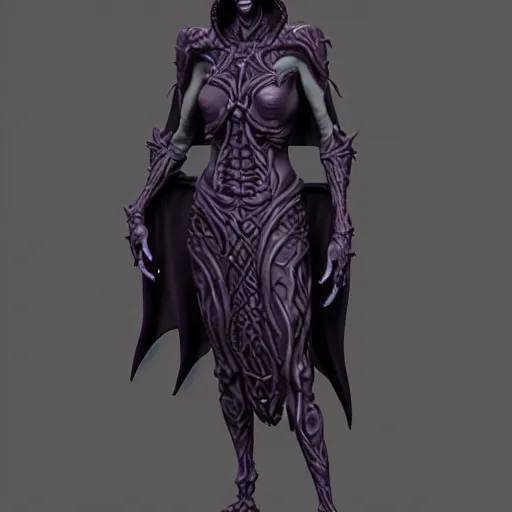 Image similar to photo of a cenobite lich illithid drow dark elf sorceror necromancer leather rendered in zbrush