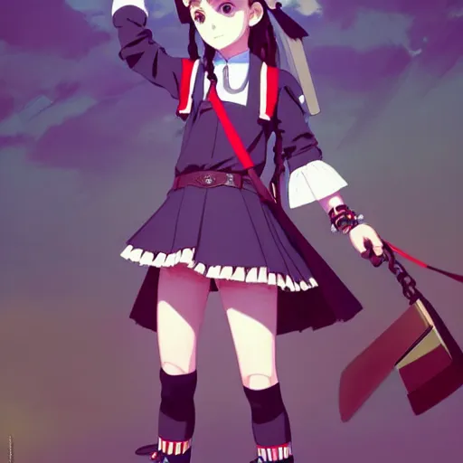 Image similar to a beautiful! boyish! natalie portman model, wearing catholic school girl outfit with mayan pattern and native style, aztec street fashion, guilty gear art direction, gapmoe yandere grimdark, trending on pixiv fanbox, painted by greg rutkowski makoto shinkai takashi takeuchi studio ghibli, akihiko yoshida