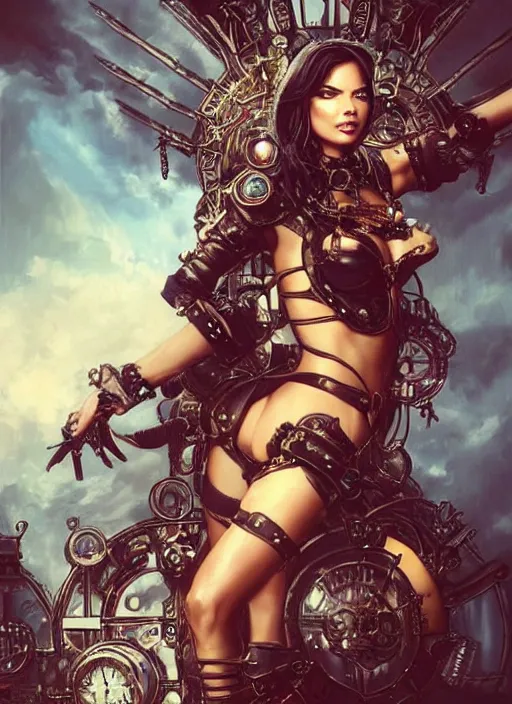 Prompt: front portrait of attractive Adriana Lima as Lady Mechanika hanging from a steampunk airship , Intrincate background with steampunk imagery , D&D!, fantasy style, sharp focus!, ultra detailed, art by Artgerm and Peter Andrew Jones, WLUP