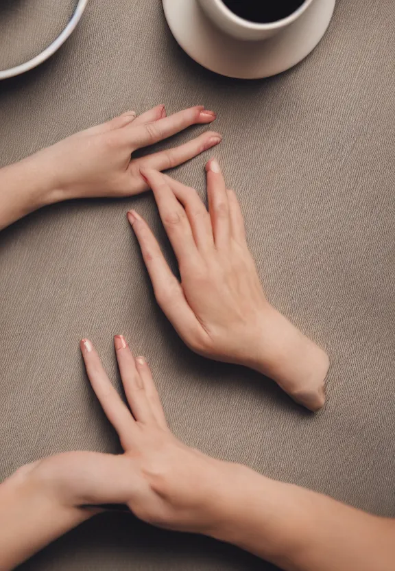 Prompt: a photo of one ultra detailed photorealistic woman's hand with cupped palm up, back of hand on the table, palm pattern visible, instagram photo, studio photo, 9 0 mm, f / 1. 4
