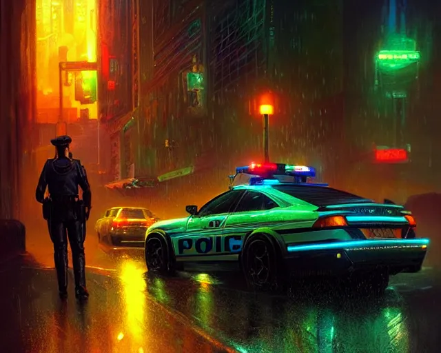 Image similar to police chase, night life, neon glow, heavy rain, deep focus, d & d, fantasy, intricate, elegant, highly detailed, digital painting, artstation, concept art, matte, sharp focus, illustration, hearthstone, art by artgerm and greg rutkowski and alphonse mucha