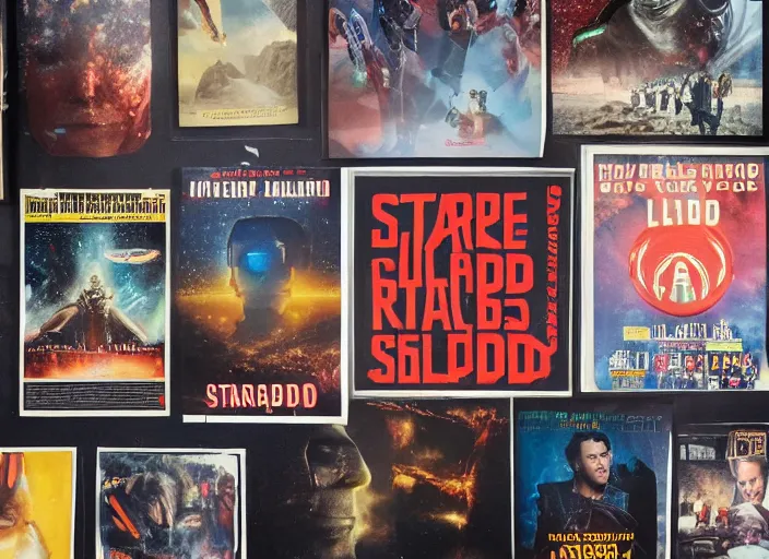 Image similar to a very high resolution image from a new movie, starlord. in a room full of posters and vinyls. mountains, directed by wes anderson