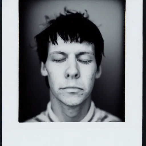 Prompt: a professional polaroid portrait photo of a man with an asymmetrical face with his eyes closed. the man has black hair, freckled skin and a look of panic on his face. extremely high fidelity. key light.