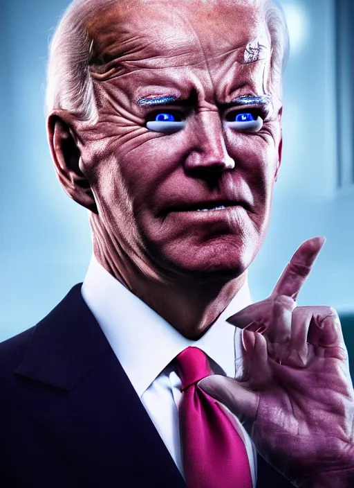 Image similar to hyper realistic ultra realistic cenobite photo furious glowing red eyes biden, high quality photo, detailed , 8k