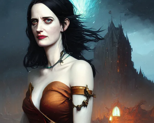 Image similar to highly detailed portrait of eva green, in dragon age, stephen bliss, unreal engine, fantasy art by greg rutkowski, loish, rhads, ferdinand knab, makoto shinkai and lois van baarle, ilya kuvshinov, rossdraws, tom bagshaw, global illumination, radiant light, detailed and intricate environment