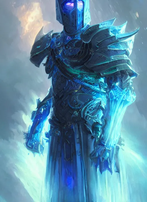 Prompt: kaladin stormblessed in shardplate. a knight in amazing fantasy armor that glows, bursting with blue light, sleek, lightweight but imposing, light glowing from the seams. intricate and ornate. concept art from artstation. beautiful highly detailed fantasy painting by greg rutkowski