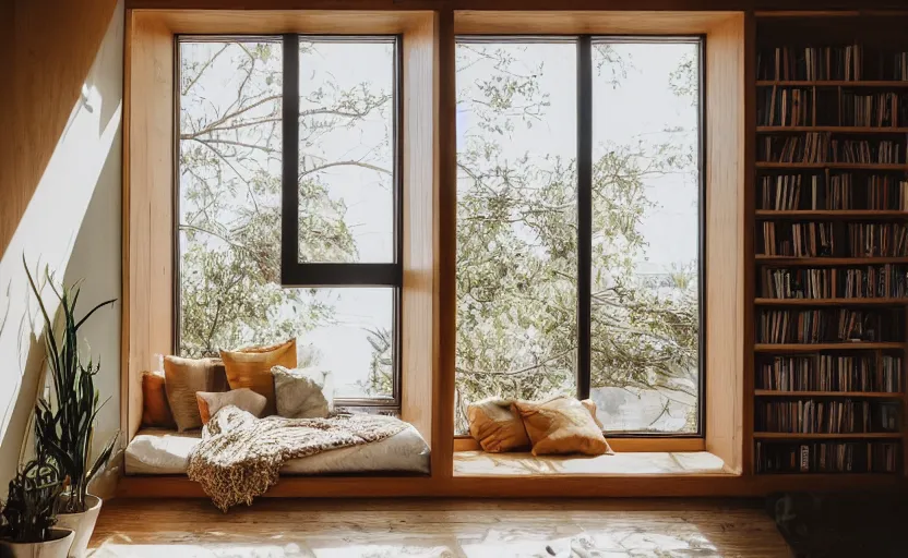 Image similar to interior desing magazine photo of a big window with a wooden frame to sit on, some sandy yellow pillows, there are a few books and plants on a integrated shelf, great architecture, ambient light, 8k