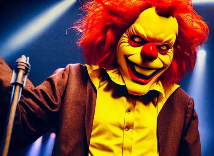 Image similar to publicity photo still of ronald mcdonald wearing a slipknot mask touring with slipknot live on stage, 8 k, live concert lighting, mid shot