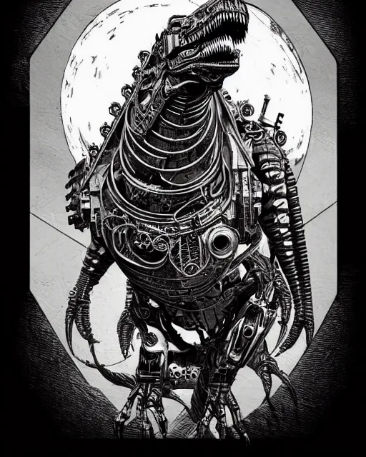 Image similar to a majestic steampunk cyborg t - rex, high details, bold line art, by vincent di fate and joe fenton, inking, etching, screen print, masterpiece, trending on artstation, sharp, high contrast, hyper - detailed,, hd, 4 k, 8 k