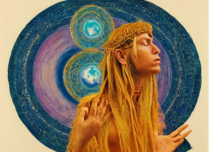 Image similar to A shaman holding up the universe, by Amanda Sage, reflection, symbolist, soft colors, dramatic lighting, smooth, sharp focus, extremely detailed, aesthetically pleasing composition