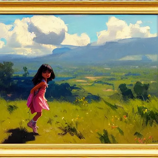 Image similar to Greg Manchess painting of dora the explorer, countryside, fantasy character portrait, dynamic pose, above view, sunny day, thunder clouds in the sky, artwork by Jeremy Lipkin and Giuseppe Dangelico Pino and Michael Garmash and Rob Rey, very coherent asymmetrical artwork, sharp edges, perfect face, simple form, wacky, 100mm