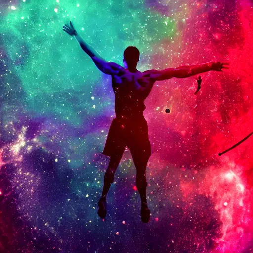 Image similar to athletic man doing a pullup using gymnastic rings, silhouette, long shot, in a cosmic nebula background, matte colors, very very very dramatic, inspiring digital art trending on artstation