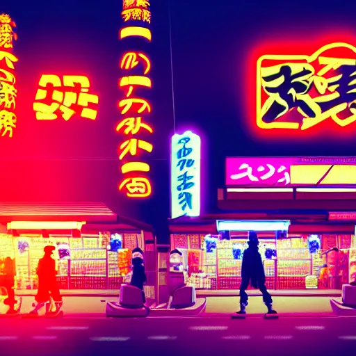Image similar to japanese market in cyberpunk style with droids, bright neon signs, sunny weather, rendered in octane 4 k, dramatic moody lighting