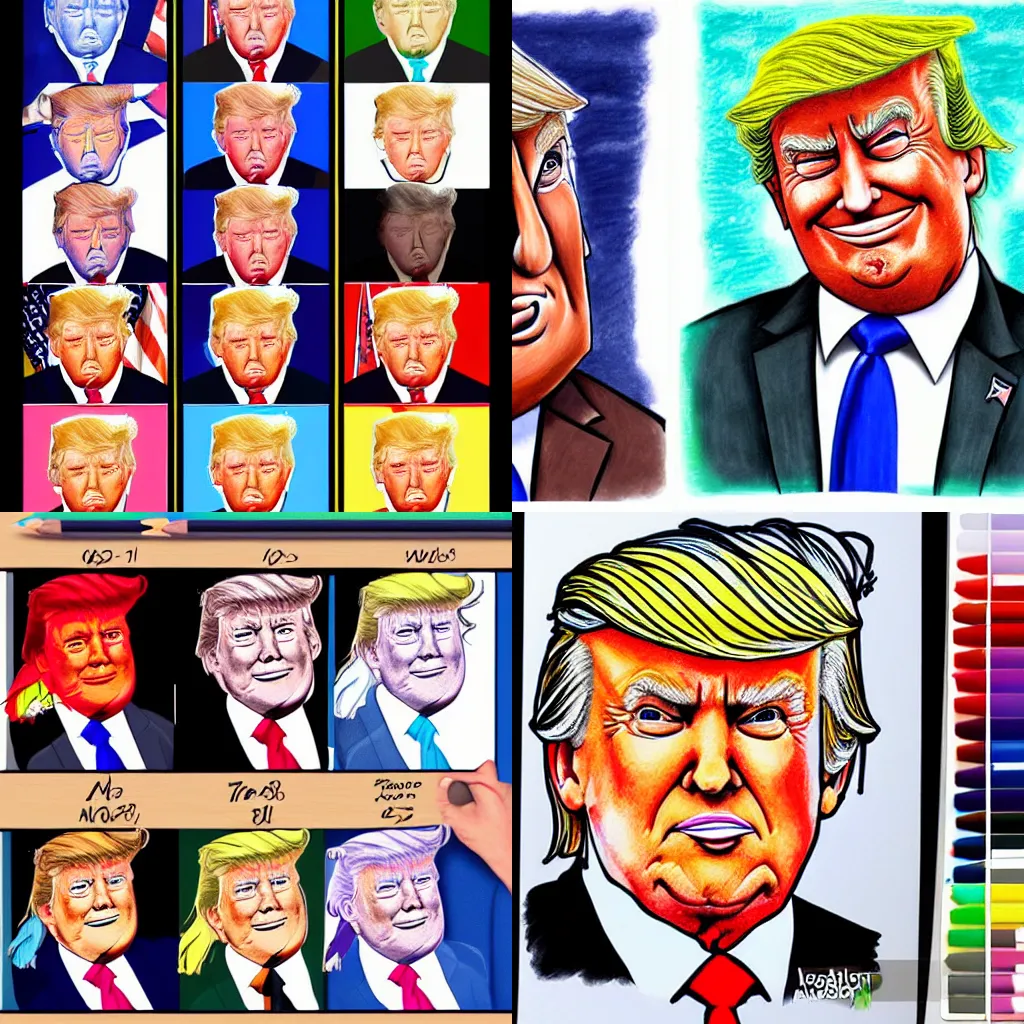 Prompt: portret of trump by color crayons, funny, caricature, toon