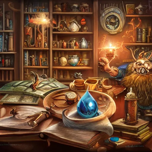 Prompt: hyper realistic, tony sart, table, wizards laboratory, mortar, pestle, scales, magic book, beaker, energy