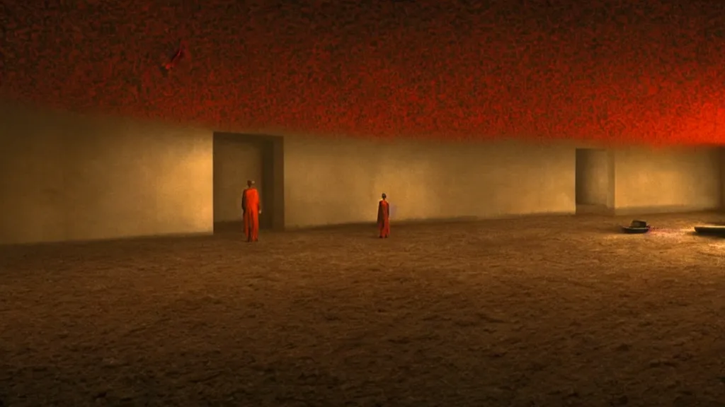 Image similar to inside of a room at Willy Wonka’s chocolate factory where bodies are burnt, film still from the movie directed by Denis Villeneuve with art direction by Zdzisław Beksiński, wide lens