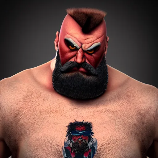 Prompt: zangief from street fighter with owl tatoo in shoulder 8 k