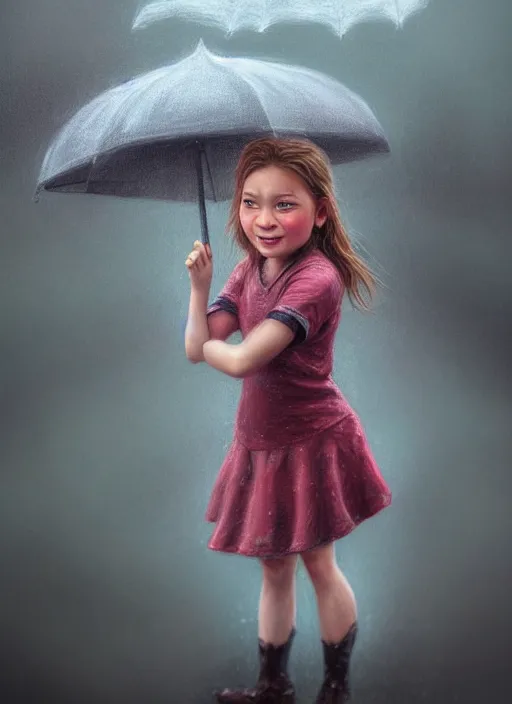 Image similar to a little girl stands outside in glee while it is literally raining cats and dogs, diffuse lighting, detailed face, fantasy, intricate, surrealism!!!!, highly detailed, lifelike, photorealistic, digital painting, artstation, illustration, concept art, smooth, sharp focus,