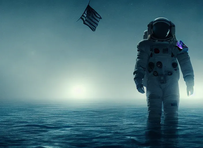 Image similar to astronaut holding a flag in an underwater desert. a submarine is visible in the distance. dark, concept art, cinematic, dramatic, atmospheric, 8 k, trending on artstation, blue, fish, low visibility, fog, ocean floor, christopher nolan, interstellar